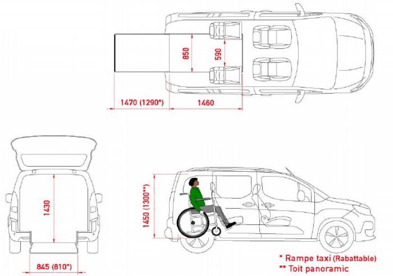 Dimensions XXL TPMR pour Peugeot Rifter adapté transport d'une personne en fauteuil roulant proposition par Handi Conduite - Carcassonne